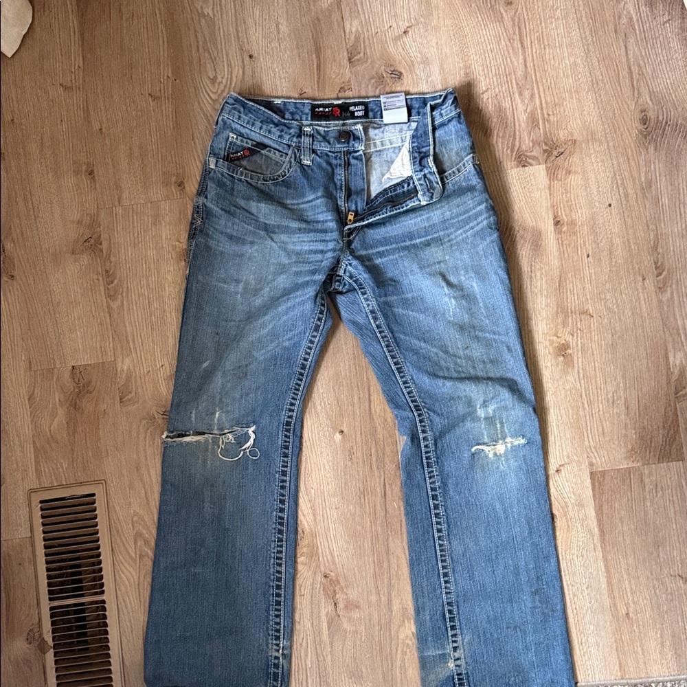 Ariat Men's Relaxed Fit Distressed Blue Jeans- FR rating